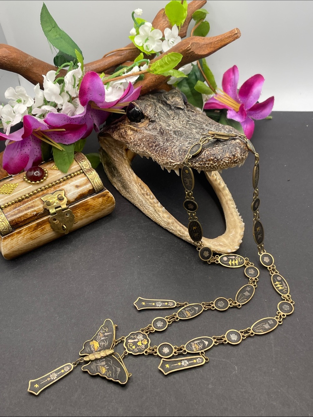 K24 Damascene Japanese butterfly necklace vintage A14